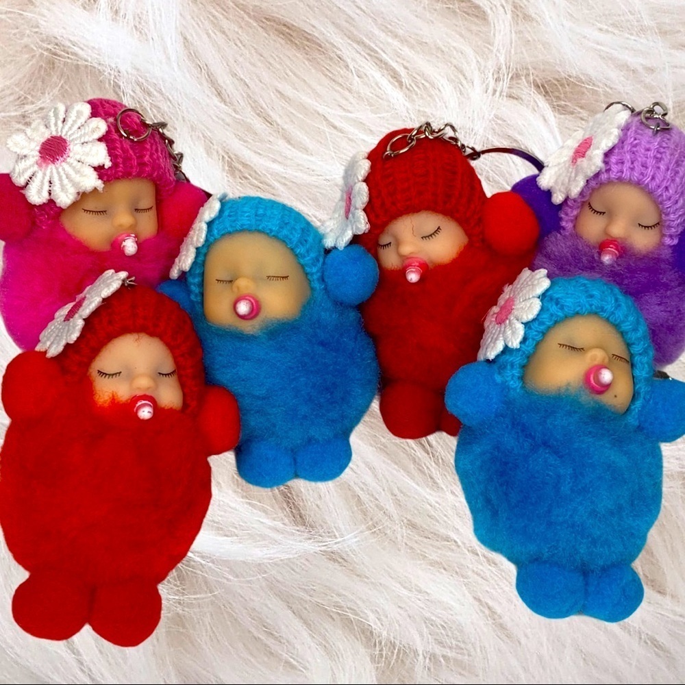 SLEEPY BABY WITH PACIFIER SMALL‎ POMPON IN PURPLE KEYCHAIN CHARM - Picture 6 of 6
